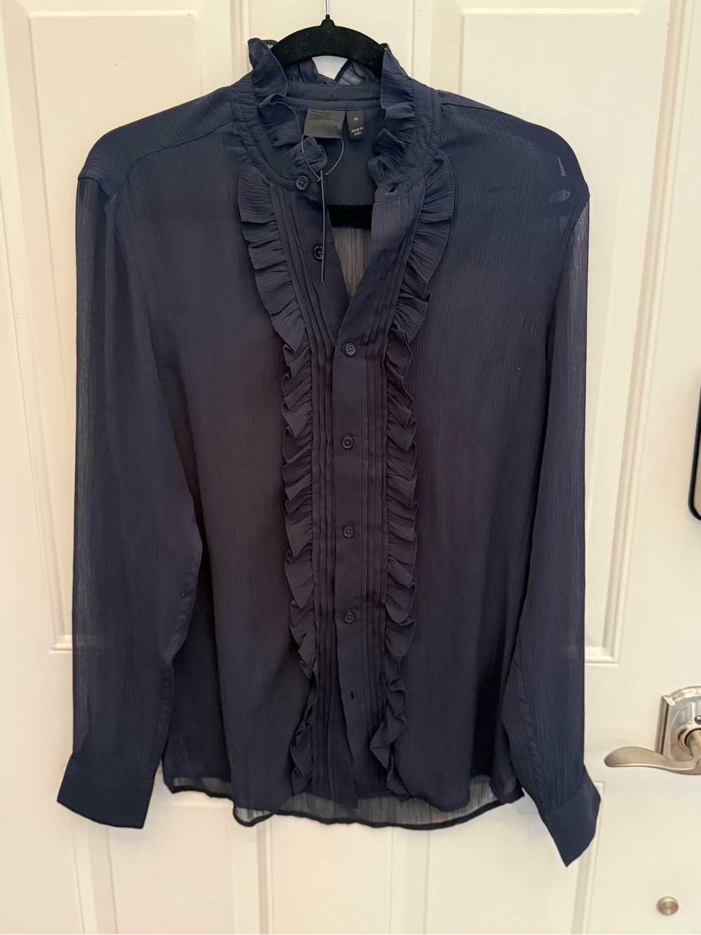 ASOS DESIGN Navy Sheer Crinkle Ruffle Front Pintuck Blouse Long Sleeve XS NWT